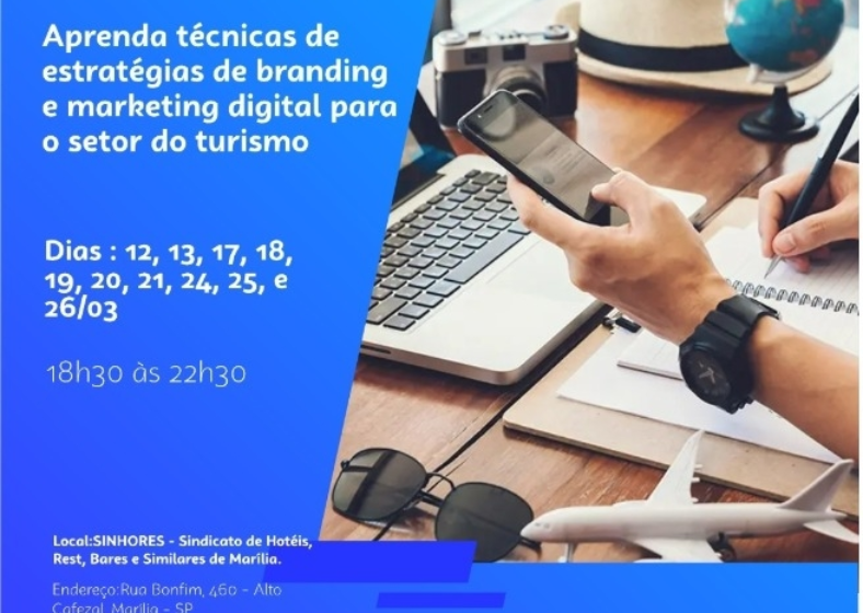 A capacitação também explora ferramentas digitais como blogs, sites, mídias sociais, e-mail marketing, e o uso de dispositivos móveis, abordando ainda o Marketing Turístico Responsável.